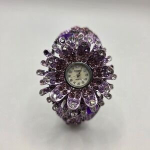 Figaro Couture Purple Rhinestone Flower Hinged Cuff Bracelet Watch 6253 Quartz